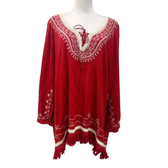 No Brand Tops - Boho Red White Embroidered Fringe Tunic Long Bell Sleeve Top Women 3x Resort